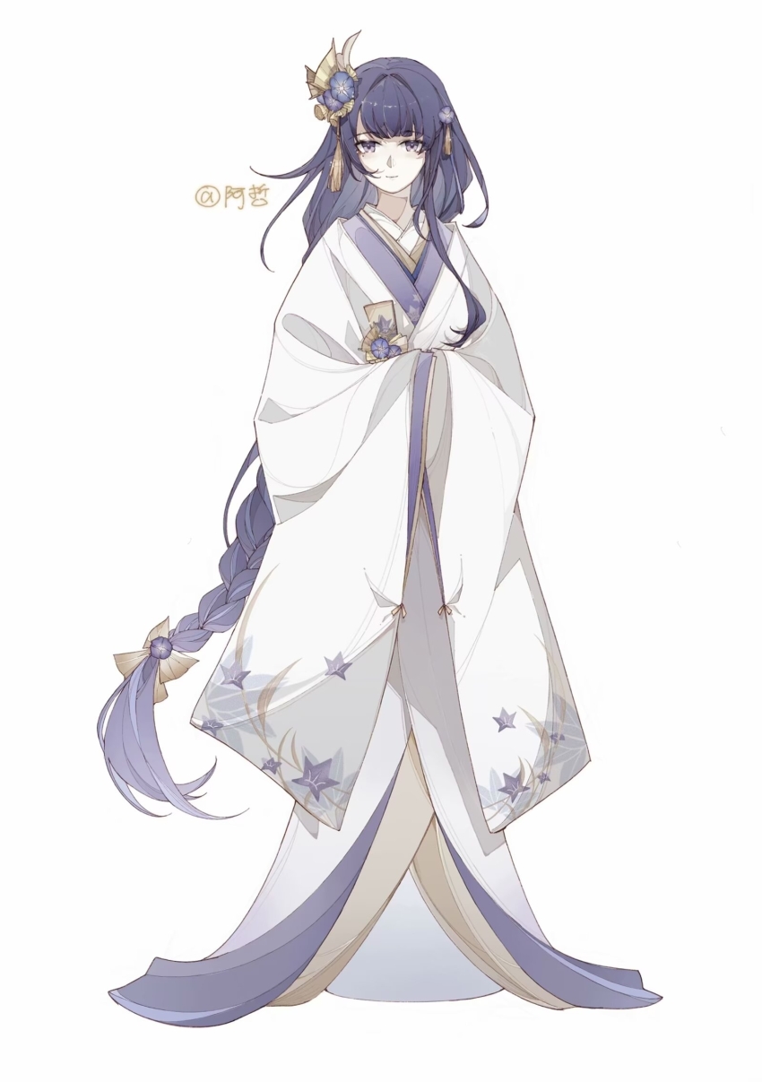 1girl blunt_bangs bow braid closed_mouth expressionless flower flower_ornament full_body genshin_impact gradient_hair hair_bow hair_ornament highres japanese_clothes kimono light_smile lofter_username long_braid long_hair low-tied_long_hair mole mole_under_eye multicolored_hair purple_eyes purple_flower purple_hair raiden_shogun shade simple_background single_braid solo standing streaked_hair white_background white_kimono xinjinjumin591364361745