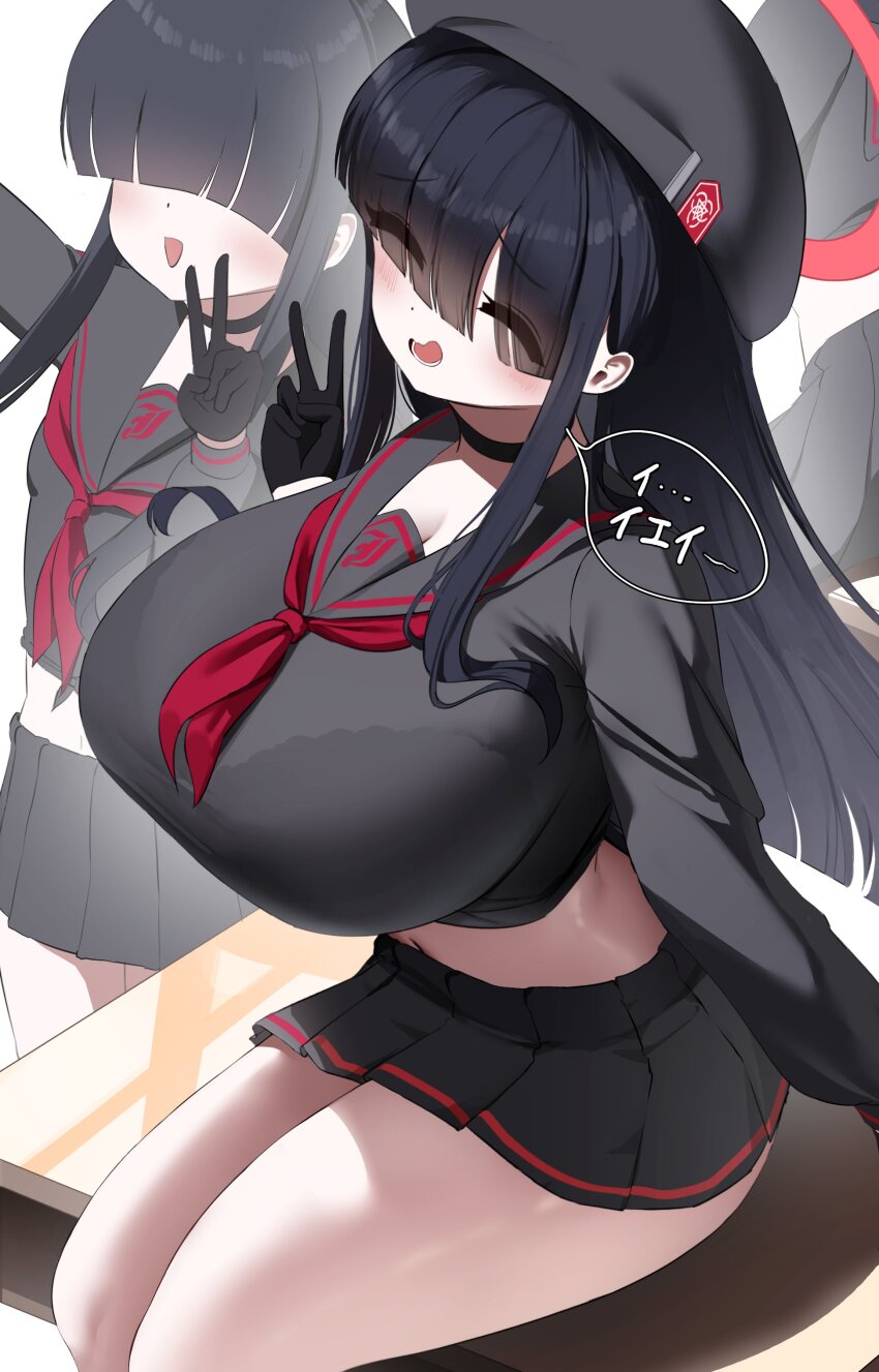 3girls absurdres arched_back beret black_choker black_gloves black_hair black_hat black_sailor_collar black_serafuku black_skirt blue_archive blush bra_visible_through_clothes breasts bursting_breasts breasts choker closed_eyes commentary covered_eyes desk embarrassed faceless faceless_female gloves hair_over_eyes halo hand_up hands_up hat highres huge_breasts japanese_text justice_task_force_member_(blue_archive) long_bangs long_hair long_sleeves looking_up midriff multiple_girls navel neckerchief nicorima on_desk open_mouth red_halo red_neckerchief sailor_collar school_desk school_uniform see-through_clothes serafuku shadow sitting skirt small_breasts smile speech_bubble standing thick_thighs thighs tight_clothes v wavy_mouth