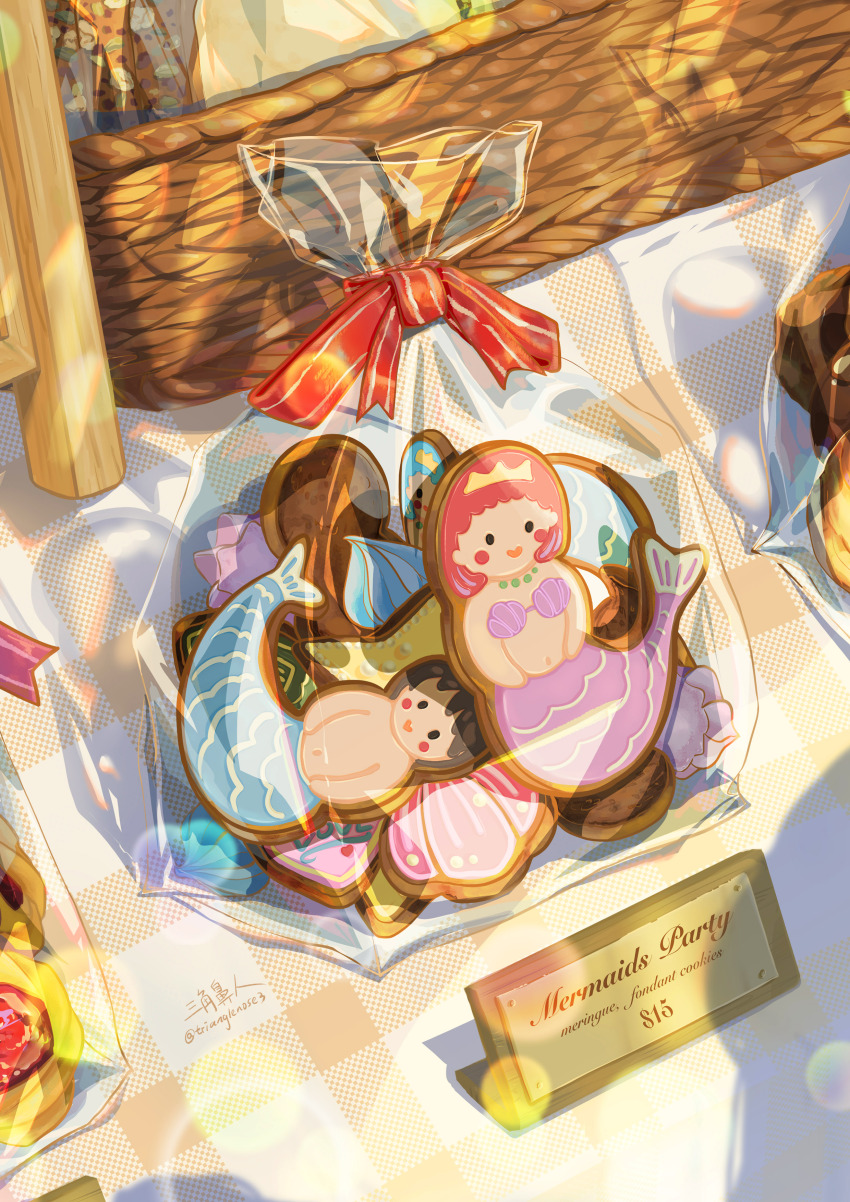 absurdres bag cookie english_text food food_focus highres mermaid merman monster_boy monster_girl original plastic_bag red_ribbon ribbon still_life trinose