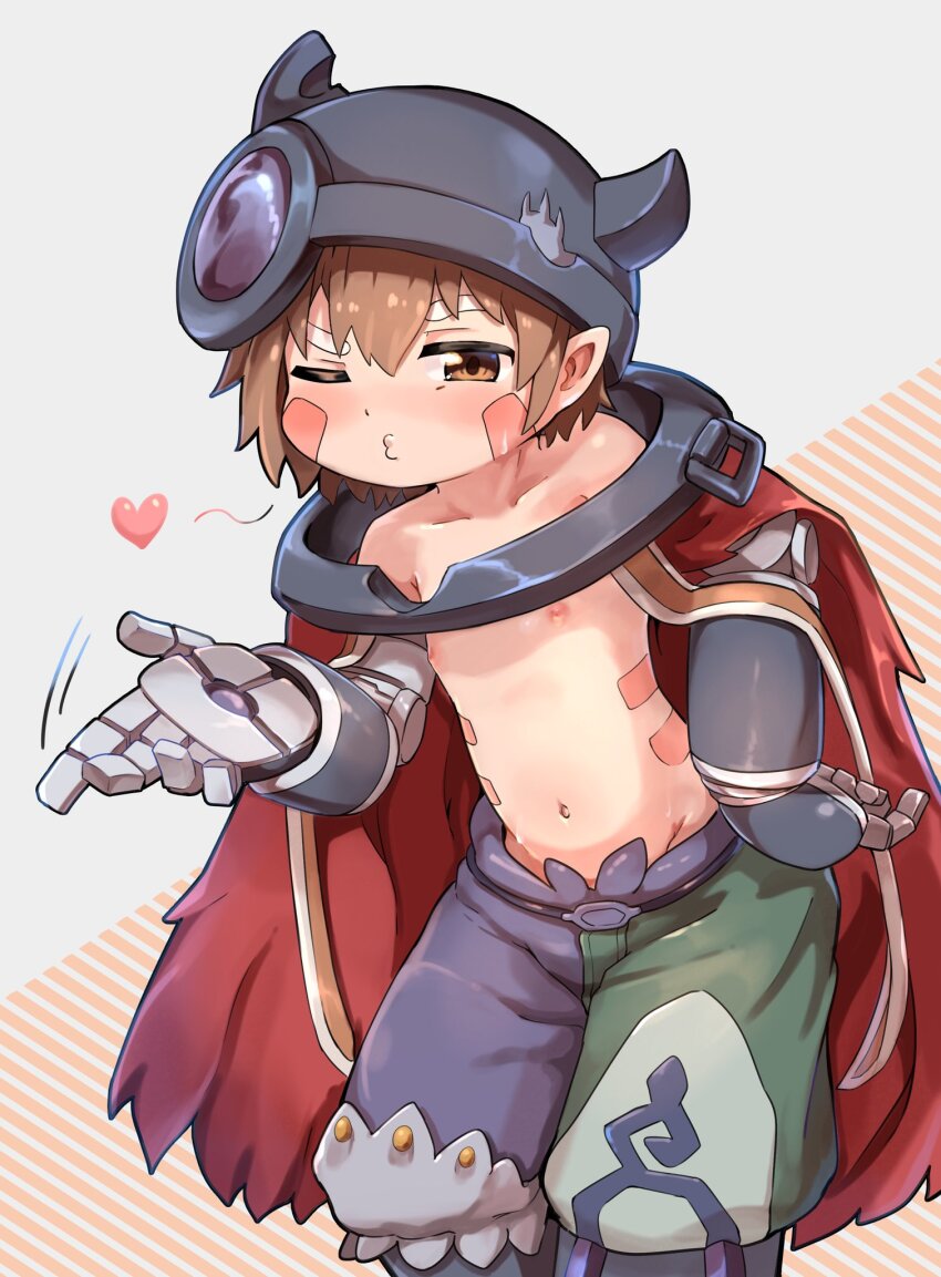 1boy aq_gohan blowing_kiss brown_eyes cape collarbone facial_mark fake_horns green_shorts hand_on_own_hip heart helmet highres horned_helmet horns looking_at_viewer made_in_abyss male_focus mechanical_arms multicolored_shorts navel nipples o3o one_eye_closed patterned_background purple_shorts red_cape reg_(made_in_abyss) robot short_hair shorts solo standing striped_background topless_male