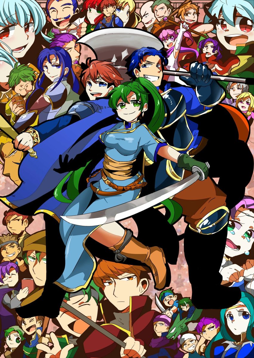 6+boys 6+girls armor axe bandana bartre_(fire_emblem) blonde_hair blue_eyes blue_hair brown_hair canas_(fire_emblem) cape closed_eyes dark_skin dart_(fire_emblem) dorcas_(fire_emblem) dress earrings elbow_gloves eliwood_(fire_emblem) erk_(fire_emblem) fingerless_gloves fiora_(fire_emblem) fire_emblem fire_emblem:_the_blazing_blade florina_(fire_emblem) geitz_(fire_emblem) gloves green_eyes green_hair guy_(fire_emblem) hair_over_one_eye hawkeye_(fire_emblem) headband heath_(fire_emblem) hector_(fire_emblem) highres isadora_(fire_emblem) jewelry kent_(fire_emblem) legault_(fire_emblem) long_hair looking_at_viewer louise_(fire_emblem) lowen_(fire_emblem) lucius_(fire_emblem) lyn_(fire_emblem) male_focus marcus_(fire_emblem) matthew_(fire_emblem) merlinus_(fire_emblem) multiple_boys multiple_girls necklace nils_(fire_emblem) ninian_(fire_emblem) nintendo ofudonburi_ayu open_mouth orange_hair pegasus_knight_uniform_(fire_emblem) pent_(fire_emblem) ponytail priscilla_(fire_emblem) purple_hair rath_(fire_emblem) raven_(fire_emblem) rebecca_(fire_emblem) red_eyes red_hair renault_(fire_emblem) sain_(fire_emblem) serra_(fire_emblem) short_hair simple_background smile sword tattoo wallace_(fire_emblem) weapon wil_(fire_emblem)