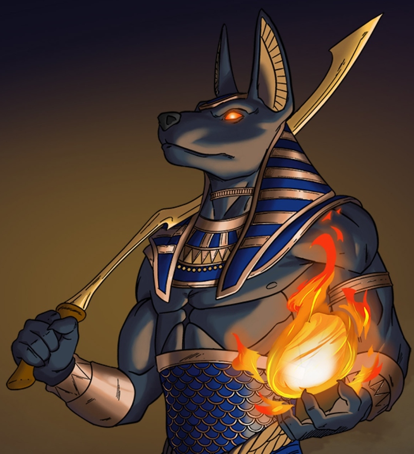 ancient_egyptian ancient_egyptian_clothes animal_ears anubian_jackal anubis_(mythology) brown_background dragon_ball dragon_ball_super dragonball_z egyptian_mythology fire glowing glowing_eyes highres jackal jackal_ears khopesh magic muscular muscular_male vignetting