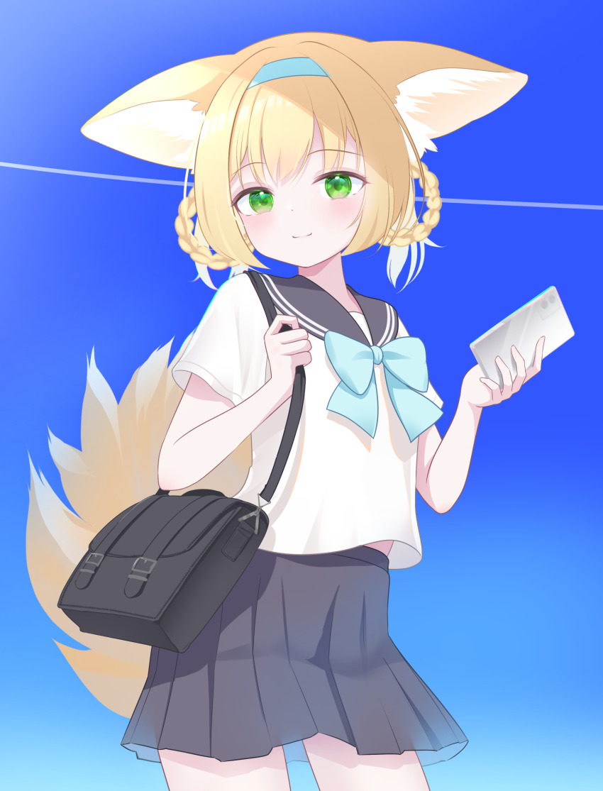 1girl alternate_costume animal_ears arknights bag black_bag black_sailor_collar black_skirt blonde_hair blue_background blue_bow blue_hairband bow braid braided_hair_rings cellphone closed_mouth commentary_request cowboy_shot fox_ears fox_girl fox_tail gaarya green_eyes hair_rings hairband highres holding holding_phone kitsune kyuubi looking_at_viewer miniskirt multiple_tails phone pleated_skirt sailor_collar school_uniform serafuku shirt shirt_bow short_hair shoulder_bag skirt smartphone solo suzuran_(arknights) tail twin_braids white_shirt