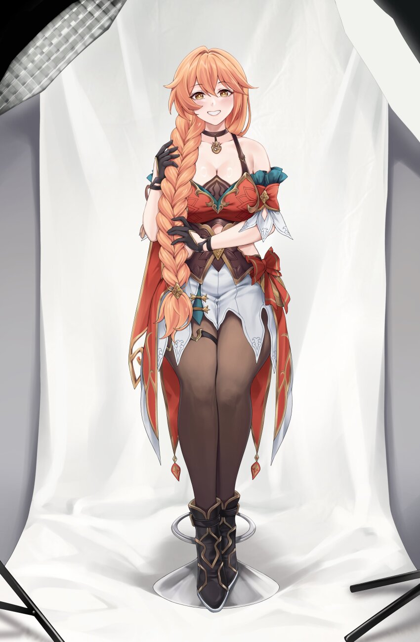 absurdres alternate_hairstyle bar_stool braid foxie30 guinaifen_(honkai:_star_rail) highres honkai:_star_rail honkai_(series) leggings long_hair orange_eyes orange_hair photo_shoot single_braid sitting smile stool very_long_hair