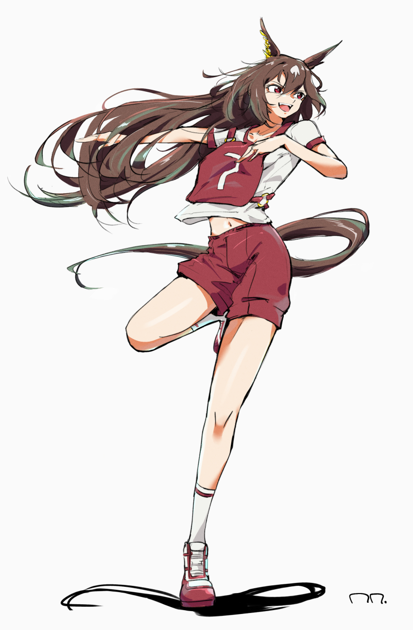 1girl absurdres animal_ears brown_hair commentary dancing ear_piercing full_body gym_shirt gym_uniform highres horse_ears horse_girl horse_tail leg_up long_hair looking_to_the_side midriff_peek multicolored_hair navel open_mouth piercing race_bib red_eyes red_shoes red_shorts ringring_(artist) shirt shoes short_sleeves shorts simple_background sirius_symboli_(umamusume) smile socks solo standing standing_on_one_leg t-shirt tail tracen_training_uniform umamusume umamusume:_cinderella_gray white_background white_hair white_shirt white_socks