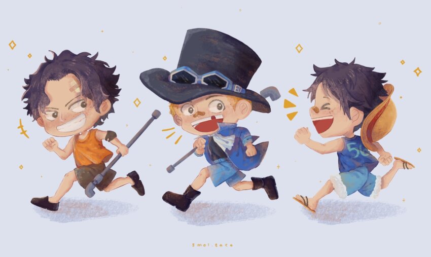 3boys aged_down black_boots black_hair blonde_hair blue_shorts boots brothers child commentary goggles goggles_on_headwear hat highres male_focus missing_tooth monkey_d._luffy multiple_boys notice_lines one_piece orange_tank_top portgas_d._ace profile running sabo_(one_piece) short_hair shorts siblings smolkeii straw_hat tank_top