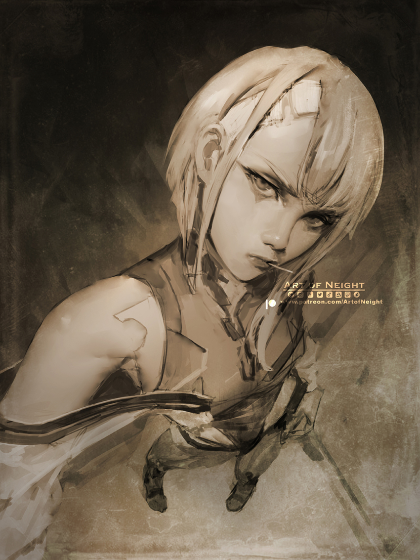 1girl art_of_neight artist_name candy cyberpunk_(series) cyberpunk_edgerunners food from_above highres hime_cut jacket jacket_partially_removed lollipop looking_at_viewer lucy_(cyberpunk) makeup mascara sepia short_hair sleeveless solo twitter_logo white_hair