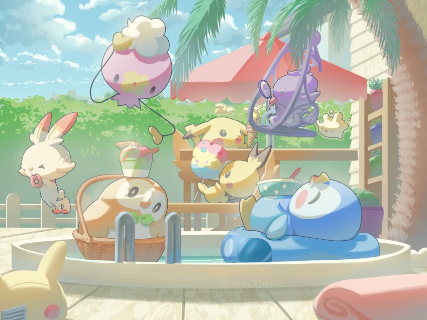 &gt;_&lt; basket closed_eyes cloud commentary_request cotton_candy day donut drifloon eating espurr food gen_1_pokemon gen_2_pokemon gen_4_pokemon gen_6_pokemon gen_7_pokemon gen_8_pokemon head_tilt highres holding holding_cotton_candy holding_food ice_cream ice_cream_cone innertube milcery mokukitusui nintendo no_humans outdoors pichu pikachu piplup pokemon pokemon_(creature) pool pool_ladder rowlet scorbunny sky swim_ring table