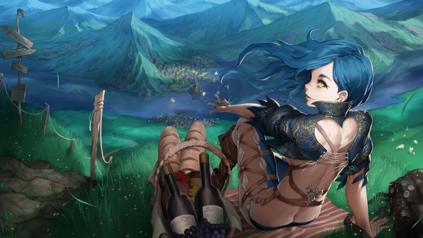 1girl absurdres arm_at_side back backless_outfit backpack bad_id bad_tumblr_id badge bag baguette bare_back blanket blue_hair boat boots bottle bread breasts brown_boots butt_crack button_badge castle cheese female_focus floating_hair flower food from_behind fruit full_body grapes grass green_eyes highres holding knee_boots knee_up leaning_back lips long_hair looking_at_viewer medium_breasts mountain original parted_lips path profile railing red_flower red_rose revealing_clothes river road rose saejin_oh sailboat shore short_sleeves sign sitting smile solo town underboob watercraft wind wine_bottle yellow_flower yellow_rose
