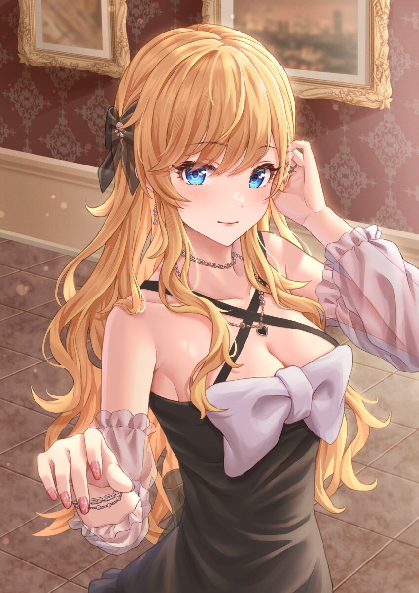 1girl absurdres bare_shoulders blonde_hair blue_eyes bow breasts chain choker cleavage collarbone criss-cross_straps detached_sleeves dress hair_bow heart heart_necklace highres idolmaster idolmaster_cinderella_girls indoors jewelry light_smile lipstick long_hair looking_at_viewer makeup medium_breasts necklace ohtsuki_yui pink_nails reaching reaching_towards_viewer see-through_clothes see-through_sleeves sideboob sidelocks simoumi_217 solo swept_bangs wavy_hair wrist_chain