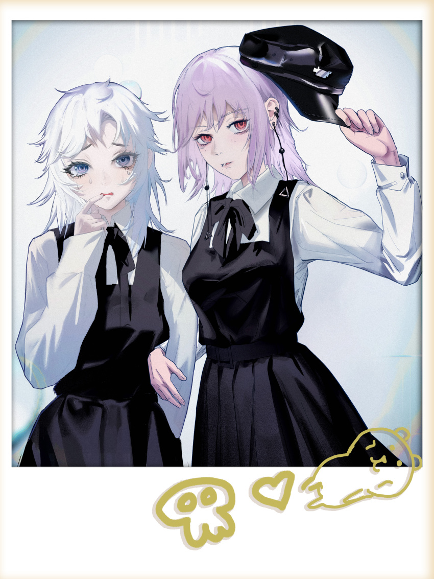 2girls absurdres chainsaw_man commentary dress earrings english_commentary fami_(chainsaw_man) famine_devil_(chainsaw_man) fourth_east_high_school_uniform hat highres holding holding_unworn_clothes holding_unworn_hat ivdimension jewelry mole mole_under_eye mole_under_mouth multiple_girls multiple_moles pinafore_dress ringed_eyes school_uniform siblings sisters sleeveless sleeveless_dress tassel tassel_earrings unworn_hat unworn_headwear white_hair