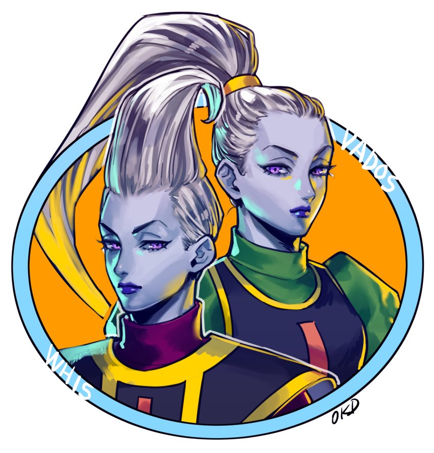 10s 1boy 1girl absurdres brother_and_sister character_name dragon_ball dragon_ball_super expressionless high_ponytail highres lipstick long_hair makeup okada_(hoooojicha) ponytail purple_eyes purple_lips siblings signature silver_hair turtleneck vados_(dragon_ball) whis