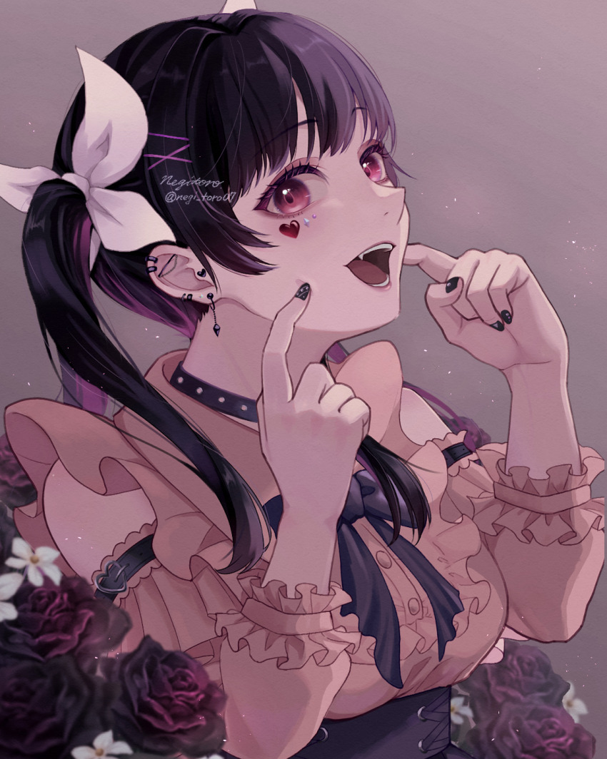 1girl black_flower black_hair black_rose bow choker ear_piercing fang finger_to_cheek flower hair_bow highres index_finger_raised jirai_kei looking_at_viewer multiple_hair_bows nagi-negitoro open_mouth original piercing rose solo twintails