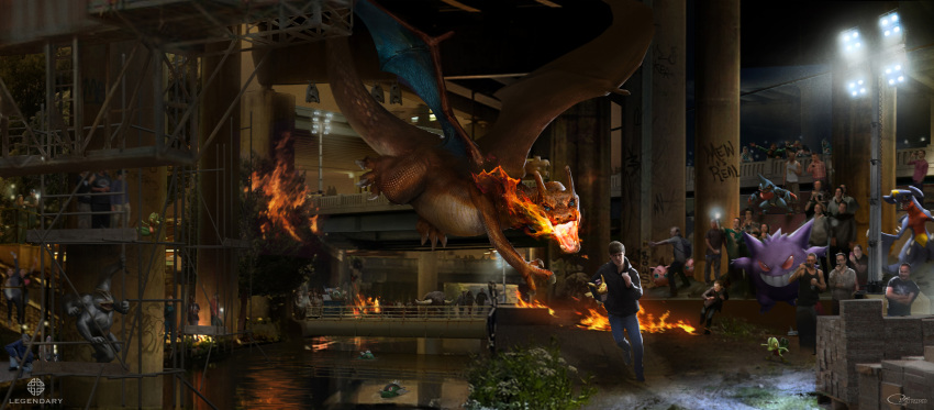 6+boys 6+girls absurdres arvalis basculin basculin_(blue) basculin_(red) breath_weapon breathing_fire carrying charizard chasing commentary company_name concept_art crowd detective_pikachu_(character) detective_pikachu_(movie) detective_pikachu_(series) english_commentary fire fleeing flying gen_1_pokemon gen_3_pokemon gen_4_pokemon gen_5_pokemon gengar grin highres jacket jigglypuff legendary_pictures light long_sleeves looking_at_another machamp male_focus multiple_boys multiple_girls night nintendo official_art outdoors pants photorealistic pikachu pokemon pokemon_(creature) realistic running short_hair smile tauros toxicroak treecko