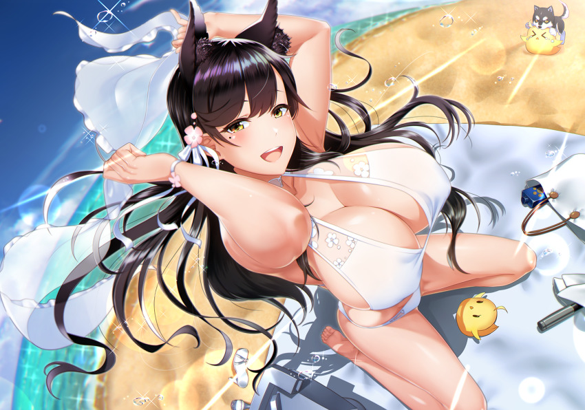 &gt;_&lt; 1girl :o ahoge alternate_costume animal_ear_fluff animal_ears arms_up atago_(azur_lane) atago_(summer_march)_(azur_lane) azur_lane bag barefoot beach bikini bird biting black_hair blue_sky blush bottle bracelet breasts chick choker cleavage crying dog dutch_angle feet floating_hair flower foreshortening from_above hair_between_eyes hair_flower hair_ornament handbag high_heels horizon jewelry kagiyama_(clave) large_breasts long_hair looking_at_viewer manjuu_(azur_lane) mole mole_under_eye ocean open_mouth puppy round_teeth sand sandals shadow shiny_skin sky smile soles swept_bangs swimsuit teeth thighs tote_bag triangle_mouth unworn_footwear unworn_sandals water water_drop white_bikini white_choker wolf_ears yellow_eyes