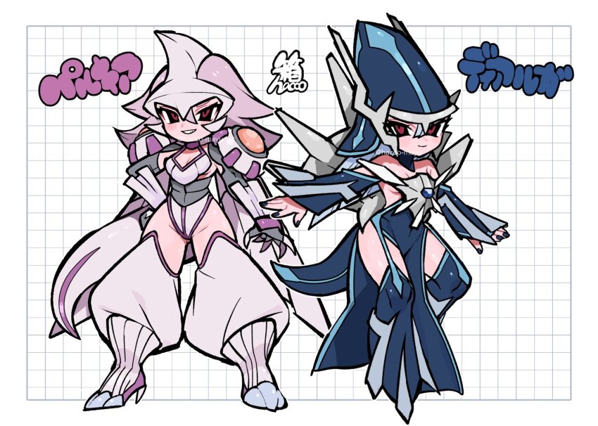 2girls armor artist_name blue_footwear blue_gemstone blue_hair blue_hat blue_nails blue_sleeves blue_thighhighs blush boots breasts character_name chest_jewel claws cleavage crown detached_collar detached_pants detached_sleeves dialga dress eyelashes fingernails gauntlets gem gen_4_pokemon gloves grey_sash grid grin hacco_mayu hand_on_own_hip hat helmet high_heels legendary_pokemon leotard long_hair looking_at_viewer medium_breasts metal_wings mitre multiple_girls nail_polish nintendo orb palkia pauldrons pelvic_curtain personification pink_hair pokemon puffy_pants red_eyes red_gemstone shoulder_armor shoulder_pads siblings sideboob silver_trim smile strapless strapless_dress tail thigh_boots thighhighs twins underboob wings