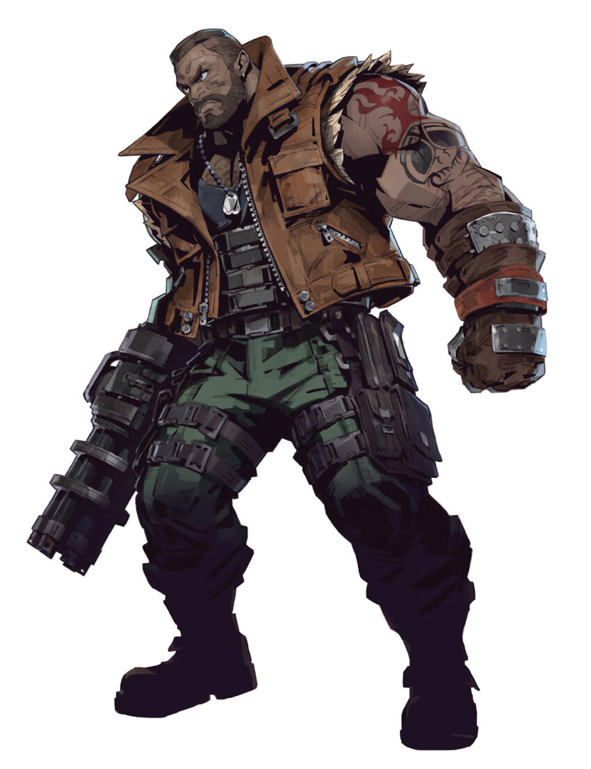 1boy barret_wallace belt black_belt black_eyes black_shirt boots brown_gloves brown_vest dark-skinned_male dark_skin dog_tags earrings final_fantasy final_fantasy_vii final_fantasy_vii_ever_crisis frown fujise_lisa full_body gloves green_pants high_collar highres hoop_earrings jewelry male_focus multiple_belts muscular muscular_male necklace official_art pants pouch prosthesis prosthetic_arm prosthetic_weapon serious shirt short_hair simple_background solo standing thigh_belt thigh_pouch thigh_strap third-party_source very_short_hair vest white_background