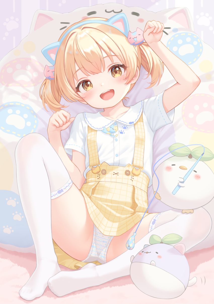 1girl animal_ear_hairband animal_ears blonde_hair blush cat_ear_hairband cat_ears center-flap_bangs collarbone collared_shirt commentary_request creature crotch_seam fake_animal_ears grid_print hairband hands_up highres loli looking_at_viewer miniskirt no_shoes open_mouth original panties pantyshot paw_pose print_panties rebun shirt short_hair short_sleeves short_twintails skirt smile solo spread_legs suspender_skirt suspenders thighhighs twintails underwear white_shirt white_thighhighs yellow_eyes yellow_skirt