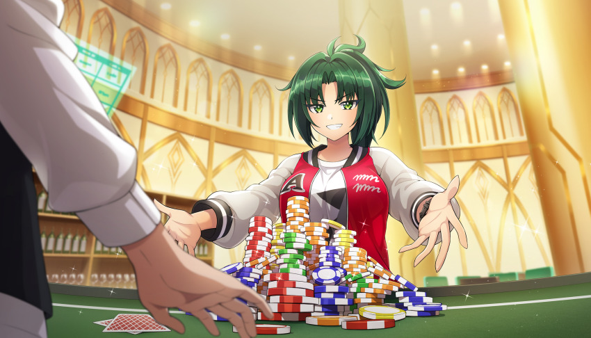 1girl 1other breasts card casino casino_card_table curtained_hair dolphin_wave game_cg green_eyes green_hair grin harunami_anri highres holographic_interface indoors jacket jersey large_breasts letterman_jacket looking_at_viewer non-web_source official_art ootomo_takuji open_hands outstretched_arms poker_chip ponytail raglan_sleeves red_jacket shelf shirt smile solo_focus table upper_body white_shirt