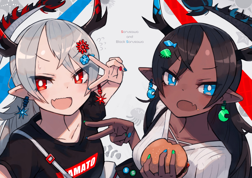 2girls absurdres black_hair black_shirt blue_eyes bright_pupils burger color_contrast dark-skinned_female dark_skin dragon_girl dragon_tail earrings eastern_dragon_tail food grey_hair highres holding holding_food horns jewelry katsu_(katsupainter) long_hair looking_at_viewer multiple_girls open_mouth original pointy_ears red_eyes sarusawa_ikue shirt solo tail upper_body v white_pupils white_shirt