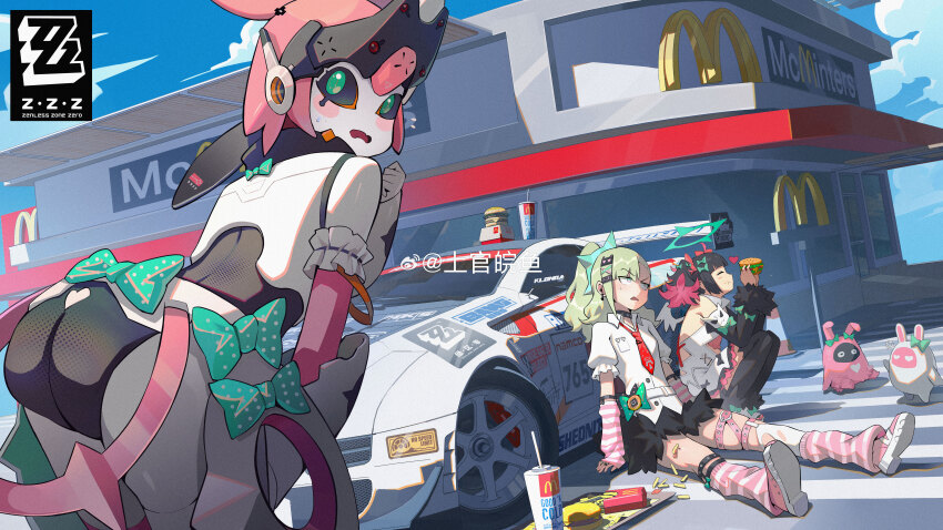3girls absurdres android ass asymmetrical_bangs bangboo_(zenless_zone_zero) bare_back bare_shoulders black_choker black_hair black_sclera black_skirt black_sleeves black_thighhighs blonde_hair blue_sky blush_stickers bow burger car cat_hair_ornament chinatsu_remiel choker chunhwei_lee cloud cloudy_sky collared_shirt colored_sclera cup day detached_sleeves disposable_cup dress drinking_straw earrings eating fast_food food french_fries frilled_cuffs green_bow green_eyes green_halo hair_bow hair_ornament halo heart high_ponytail highres holding holding_burger holding_food humanoid_robot jewelry joints looking_at_viewer motor_vehicle multicolored_hair multiple_girls musical_note_earrings necktie on_floor open_mouth outdoors pink_shoes ponytail red_hair red_necktie restaurant robot robot_ears robot_girl robot_joints rokudu_sariel shirt shoes sitting skirt sky sports_car squatting standing striped_arm_warmers sweat thighhighs twintails two-tone_hair watermark weibo_username weibo_watermark white_dress white_shirt yutane_johiel zenless_zone_zero