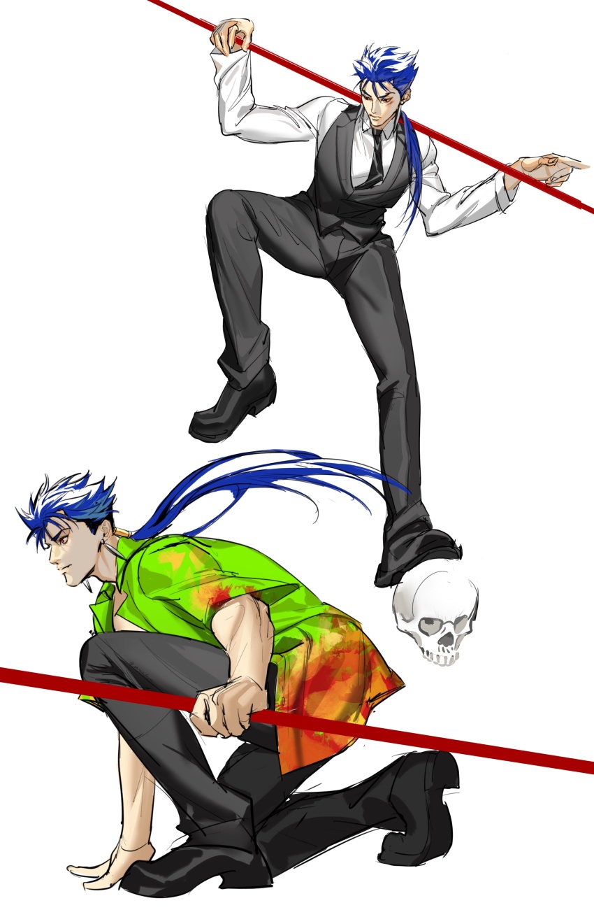 2boys absurdres alternate_costume black_necktie black_pants black_vest blue_eyes commentary cu_chulainn_(fate) cu_chulainn_(fate/stay_night) earrings fate/hollow_ataraxia fate/stay_night fate_(series) green_shirt hair_over_shoulder highres holding holding_polearm holding_weapon jewelry long_hair male_focus multiple_boys necktie official_alternate_costume on_one_knee open_clothes open_shirt pants polearm red_eyes shinkaifuyuki shirt sketch skull vest weapon white_shirt