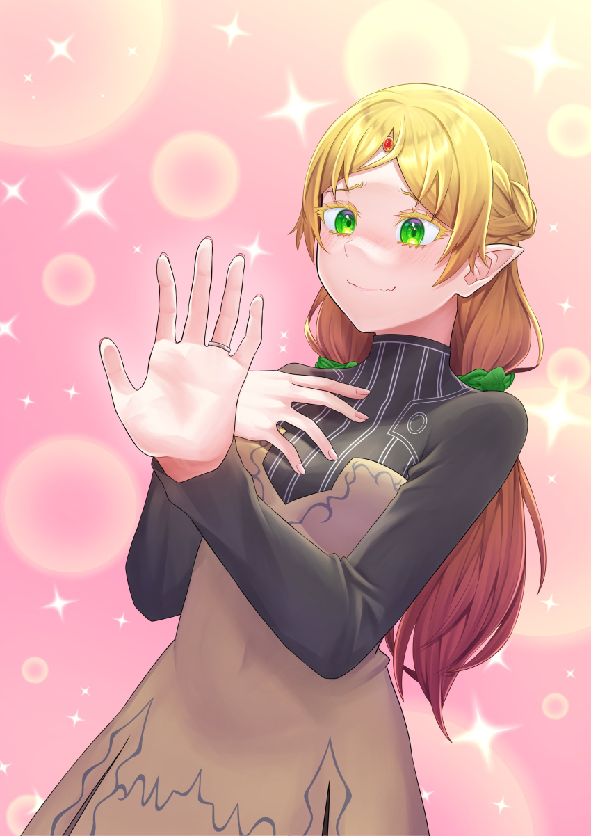 1girl aboreen absurdres bishie_sparkle black_bodysuit blonde_hair blush bodysuit bodysuit_under_clothes brown_dress bubble closed_mouth dress elf fang gem glint gradient_hair green_eyes hand_on_own_chest highres isekai_ojisan jewelry looking_at_hand multicolored_hair open_hand orange_hair parted_bangs pink_background pointy_ears ring skin_fang solo sui_(isekai_ojisan) upper_body