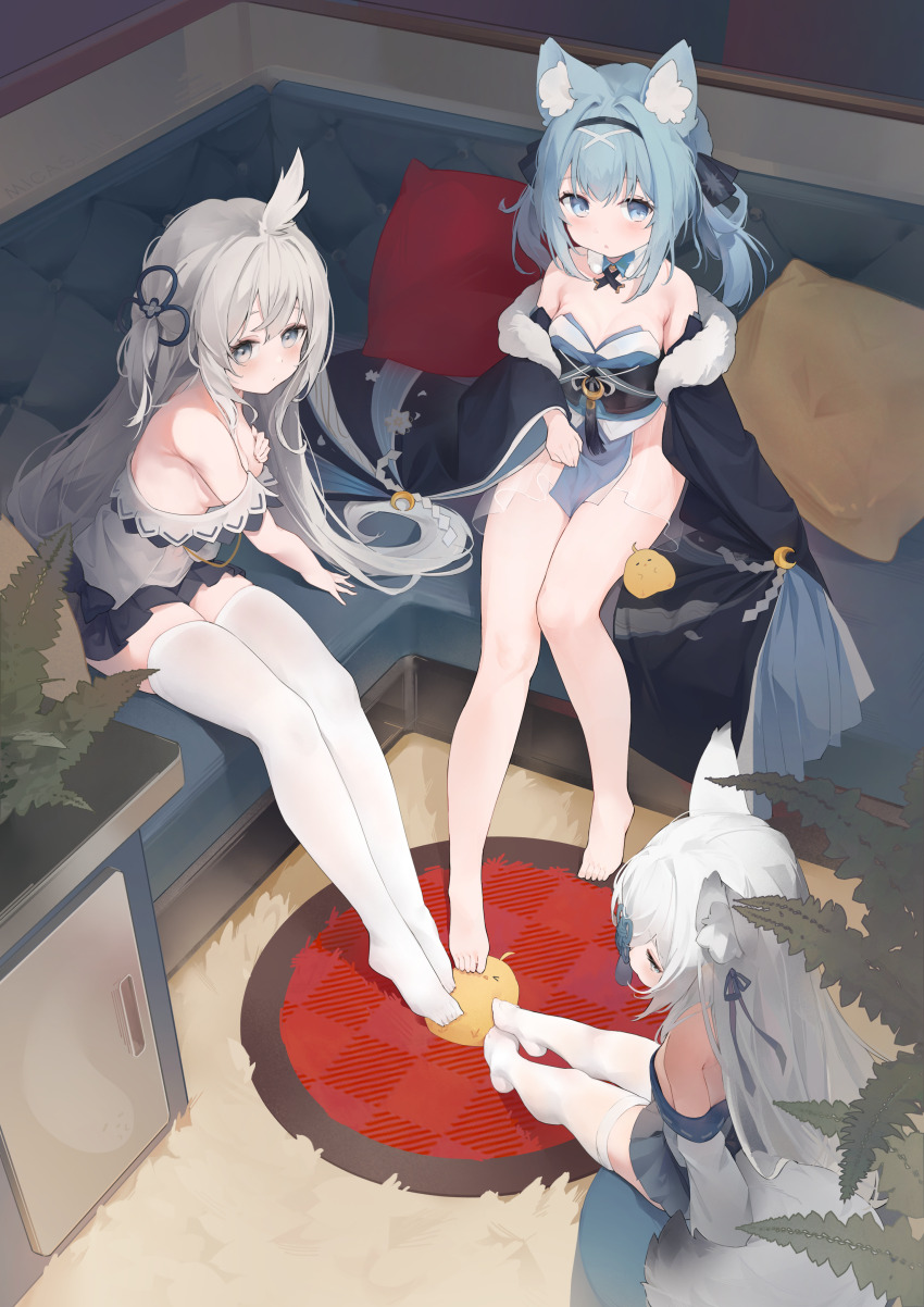 3girls absurdres animal_ear_fluff animal_ears armpit_crease azur_lane bare_legs barefoot blue_eyes blue_hair blue_hairband blue_ribbon breasts cat_ears cat_girl commentary couch cowlick detached_collar feet fox_ears fox_girl fox_tail grey_eyes grey_hair hair_intakes hair_ornament hair_over_one_eye hair_ribbon hairband highres indoors kasumi_(azur_lane) kasumi_1118 long_hair looking_at_viewer manjuu_(azur_lane) medium_breasts medium_hair multiple_girls obi on_couch one_side_up parted_lips pelvic_curtain pillow plant potted_plant ribbon sash sitting small_breasts suzunami_(azur_lane) swept_bangs tail thighhighs toes umikaze_(azur_lane) very_long_hair white_thighhighs x_hair_ornament