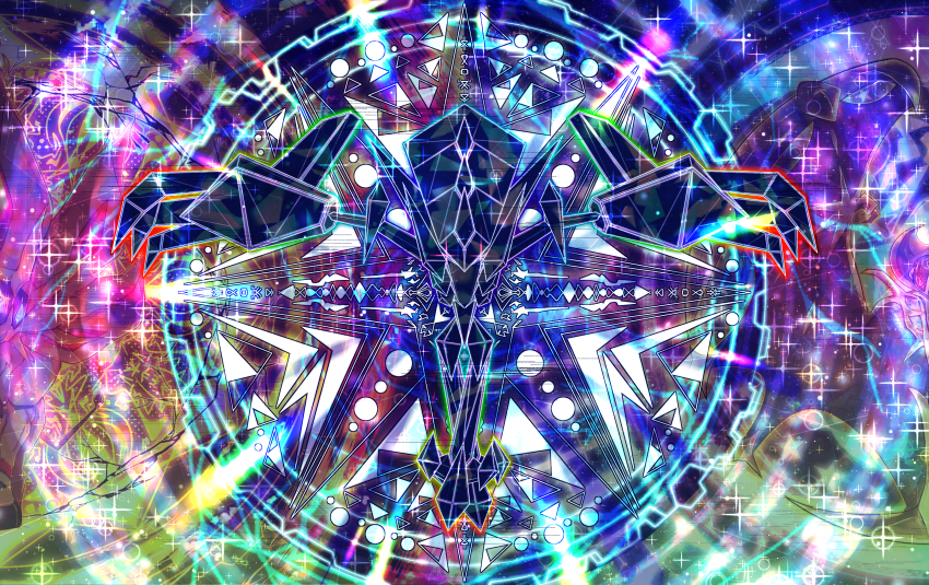 absurdres blue_eyes claws crack game_freak gen_7_pokemon glitch glowing highres legendary_pokemon lunala necrozma nintendo no_humans outstretched_arms pokemon pokemon_(creature) pokemon_focus psychedelic red_eyes solgaleo sparkle sparkling_eyes spikes spread_arms star_(symbol) yama_neko_3