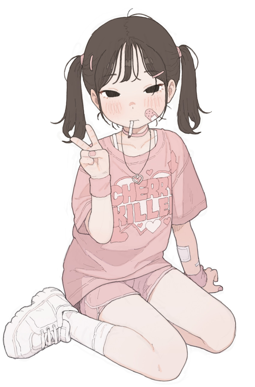 1girl antenna_hair bandages bandaid bandaid_on_arm bandaid_on_cheek bandaid_on_face bare_legs black_eyes black_hair blush bracelet choker cigarette closed_mouth clothes_writing collarbone dolphin_shorts full_body hair_ornament hair_tie hairclip half-closed_eyes hand_up heart heart_necklace highres invisible_chair jewelry legs looking_at_viewer medium_hair mouth_hold necklace original pink_choker pink_nails pink_shirt pink_shorts possummachine shirt shoes short_hair short_shorts short_sleeves shorts simple_background sitting smoking sneakers socks solo t-shirt twintails v white_background white_shoes white_socks wristband