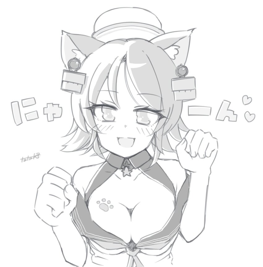 1girl animal_ears blue_sailor_collar breasts cat_ears cleavage dixie_cup_hat flipped_hair greyscale hat headgear highres kantai_collection large_breasts military_hat monochrome off-shoulder_shirt off_shoulder paw_pose paw_print richard_p._leary_(kancolle) sailor_collar shirt smile solo tatahai