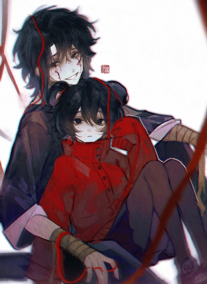 1boy 1girl bandaged_wrist bandages black_eyes black_hair black_jacket black_pants black_pantyhose black_shoes black_skirt chinese_commentary closed_mouth commentary_request earrings expressionless facepaint grin hair_between_eyes hair_bun hair_rings high_collar highres jacket jewelry li_yuting_(female) long_sleeves miniskirt mole mole_under_each_eye mole_under_eye multiple_moles pants pantyhose pleated_skirt red_jacket red_ribbon ribbon shoes short_hair single_hair_bun single_hair_ring sitting skirt sleeves_past_fingers sleeves_past_wrists smile touqi_guaitan variant_set yizhiezi645 ziche_fuzhao