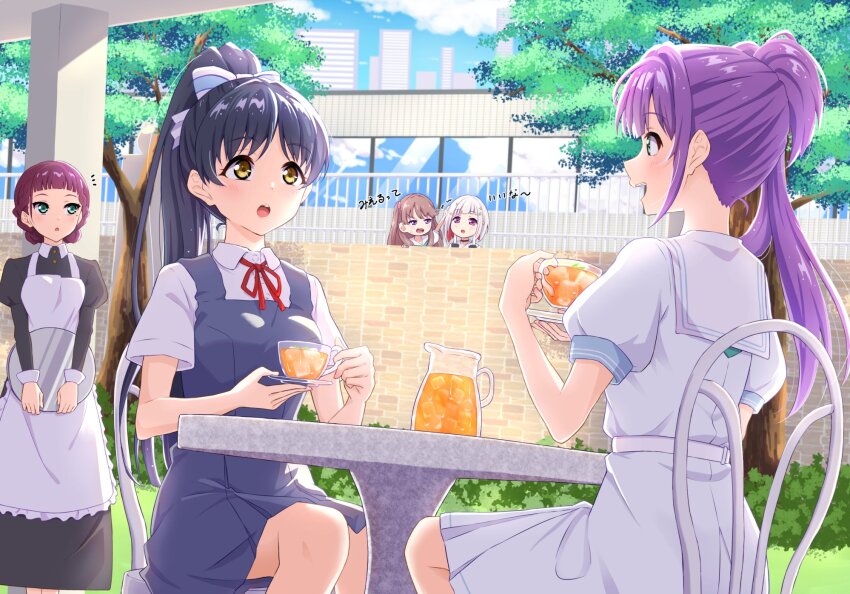 5girls :o apron aqua_neckerchief black_dress black_hair blue_sky blush bob_cut bow breasts brown_hair collared_shirt colored_inner_hair commentary_request cup diagonal_bangs dress dress_shirt eavesdropping fujishima_megumi glass_saucer glass_teacup green_eyes grey_dress grey_hair hair_bow hair_bun hair_ornament hasu_no_sora_school_uniform hazuki_ren high_ponytail highres holding holding_cup holding_saucer holding_tray in-franchise_crossover inverted_bob juliet_sleeves link!_like!_love_live! long_hair long_sleeves looking_at_another love_live! love_live!_superstar!! maid maid_apron medium_breasts medium_dress multicolored_hair multiple_girls neck_ribbon neckerchief notice_lines on_chair open_mouth otomune_kozue pinafore_dress pleated_dress ponytail puffy_short_sleeves puffy_sleeves purple_eyes purple_hair qy73 red_eyes red_hair red_ribbon ribbon sailor_collar sailor_dress saucer saya_(love_live!) school_uniform shirt short_dress short_hair short_sleeves side_ponytail sidelocks single_side_bun sitting sky sleeveless sleeveless_dress smile star_(symbol) star_hair_ornament streaked_hair summer_uniform teacup teeth tray two_side_up upper_teeth_only virtual_youtuber white_apron white_bow white_dress white_sailor_collar white_shirt yellow_eyes yugiri_tsuzuri yuigaoka_school_uniform