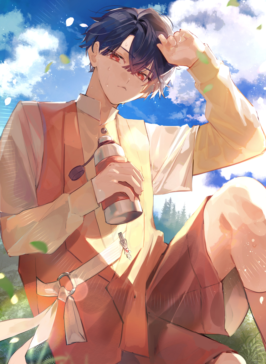 1boy :&lt; absurdres blue_hair blue_sky bottle brown_shorts brown_socks cloud collared_shirt frown grass highres holding holding_bottle knee_up long_sleeves looking_at_viewer mahoutsukai_no_yakusoku male_focus red_eyes shading_eyes shino_sherwood shirt short_hair shorts sitting sky socks solo sweat u-sama_(u_summer0719) vest white_shirt yellow_vest