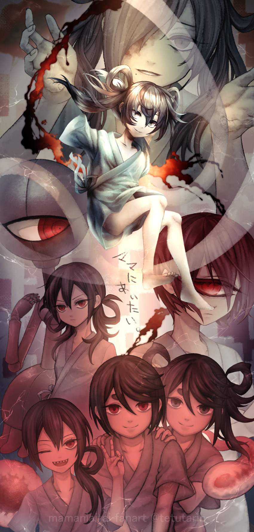 2girls 4boys amputee barefoot blood blood_splatter blood_stain colored_skin cum cyclops double_amputee everyone gobanme grey_eyes grey_hair hair_over_one_eye highres ichibanme long_hair mama_ni_aitai mechanical_arms messy_hair missing_limb mole mole_under_mouth multiple_boys multiple_girls nibanme one-eyed red_eyes robot rokubanme sanbanme_(unimura) sharp_teeth short_hair siblings side_ponytail sweatdrop teeth twins twintails uemu v white_skin wolf_rpg_editor yonbanme