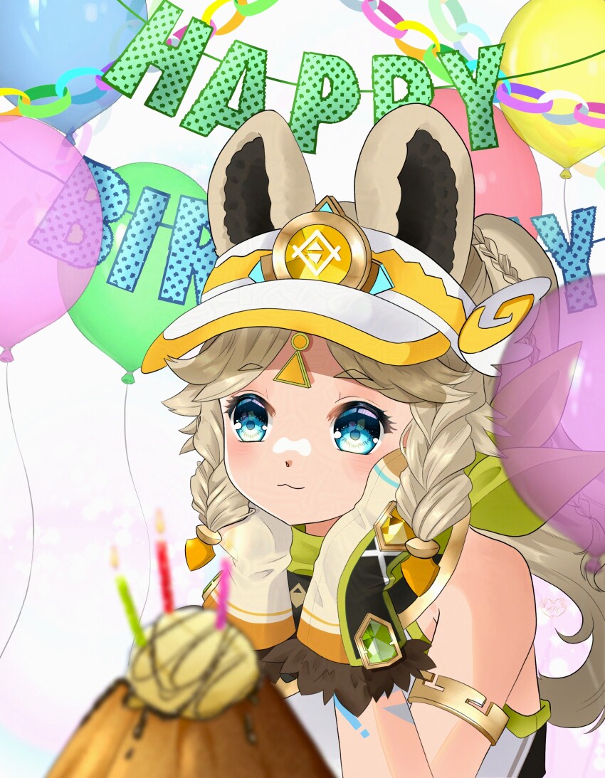 1girl absurdres balloon bandana bandana_around_neck bare_shoulders birthday_cake blonde_hair blue_eyes braid cake candle chinchilla_ears chinchilla_girl closed_mouth commentary english_commentary facing_viewer fire food fur-trimmed_mittens fur_trim genshin_impact green_bandana hands_on_own_cheeks hands_on_own_face highres kachina_(genshin_impact) kristen_mcguire kristen_mcguire_(artist) long_hair looking_at_food mittens simple_background solo twin_braids upper_body visor_cap volcano_cake_(genshin_impact)