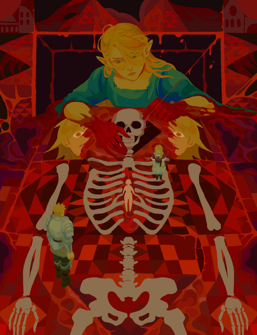 1boy 2girls abstract aged_down armor blonde_hair blood blood_on_hands boots braid dress dungeon_meshi falin_touden falin_touden_(tallman) full_body green_eyes heart_(organ) highres laios_touden long_hair looking_at_another marcille_donato multiple_girls multiple_persona pauldrons red_background shoulder_armor skeleton spearmintaii standing upper_body yellow_eyes