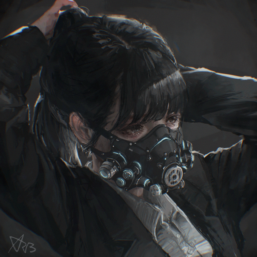 1girl absurdres arai_bokuseki black_eyes black_hair black_jacket collared_shirt gas_mask highres jacket mask original ponytail portrait shirt signature solo