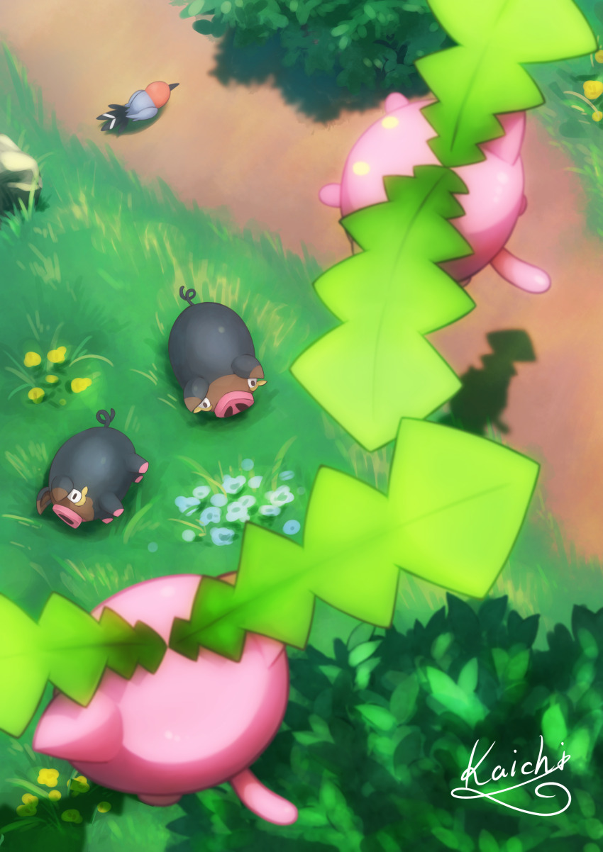 absurdres commentary_request day fletchling flying from_above gen_2_pokemon gen_6_pokemon grass highres hoppip kaichi_(tomiyu25) lechonk lying nintendo no_humans on_side outdoors pokemon pokemon_(creature) signature sleeping yellow_eyes