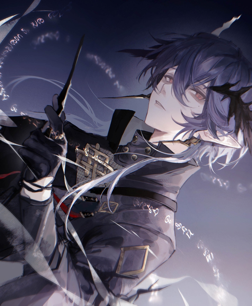 1boy arknights black_gloves black_jacket brown_eyes chinese_commentary commentary_request gloves hair_between_eyes high_collar highres holding jacket logos_(arknights) looking_at_viewer male_focus mole mole_under_eye parted_lips pointy_ears purple_hair short_hair_with_long_locks solo upper_body yizhiezi645