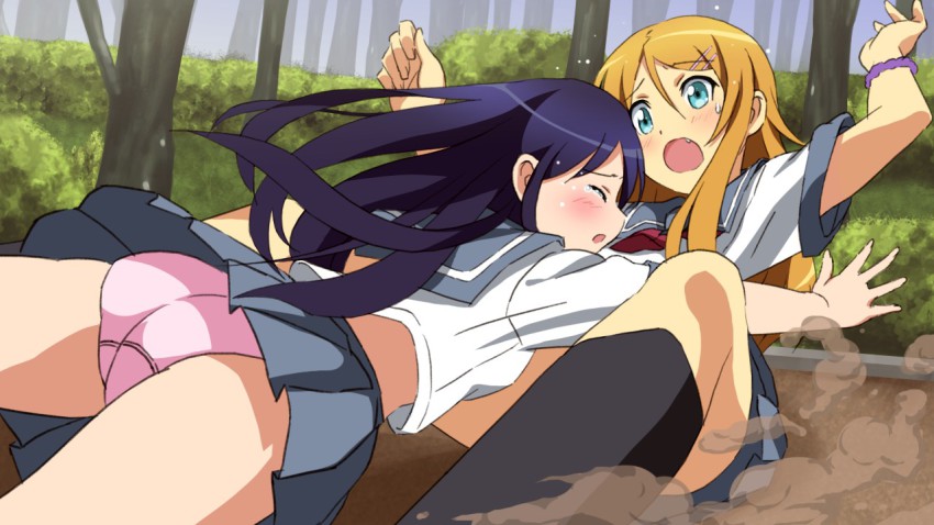 2girls :o aragaki_ayase arms_up ass back blue_eyes blue_hair blush bracelet dirt diving dust closed_eyes fang glomp hair_ornament hairclip hug jewelry kneehighs kousaka_kirino long_hair multiple_girls nature on_ground open_mouth orange_hair ore_no_imouto_ga_konna_ni_kawaii_wake_ga_nai outdoors outstretched_arms panties pantyshot pink_panties pleated_skirt sanshita school_uniform serafuku sitting skirt socks spread_arms surprised surprised_arms tears tree underwear