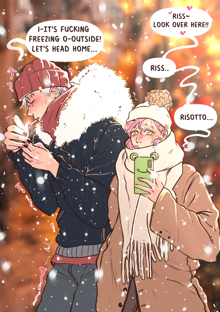 2boys absurdres bacchyarts black_nails black_sclera blush cellphone christmas cigarette coat colored_sclera couple english_text freckles hat highres holding holding_cigarette holding_lighter holding_phone jacket jojo_no_kimyou_na_bouken lighter long_hair long_sleeves male_focus mouth_hold multiple_boys outdoors pants phone pink_hair risotto_nero scarf smartphone smoking snow snowing speech_bubble vento_aureo vinegar_doppio white_hair winter_clothes yaoi yellow_eyes