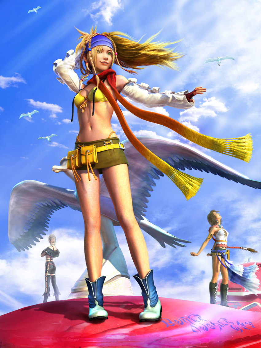 00s 3girls @_@ absurdres bikini blonde_hair braid brown_hair day detached_sleeves final_fantasy final_fantasy_x final_fantasy_x-2 green_eyes headband highleg highleg_bikini highres midriff miniskirt multiple_girls official_art paine paine_(ff10) revealing_clothes rikku_(ff10) scan scarf short_hair shorts silver_hair skirt square_enix swimsuit yuna yuna_(ff10)