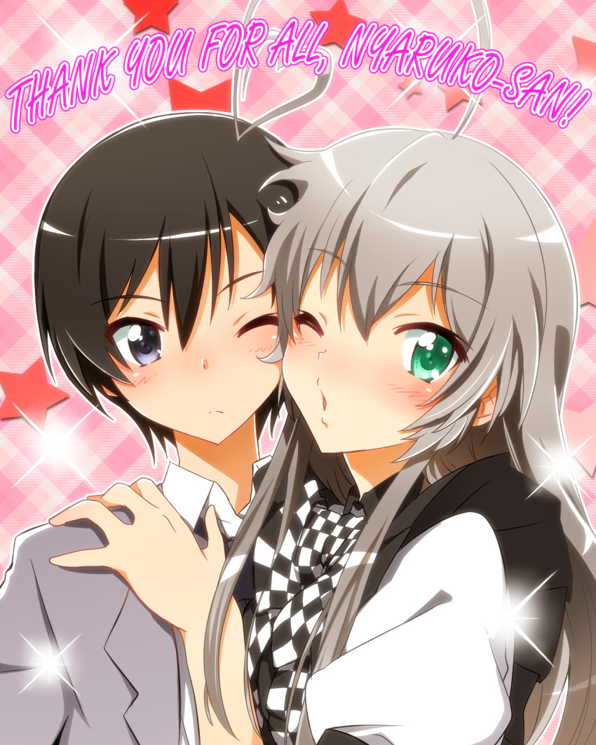 1boy 1girl ahoge black_hair blowing_kiss blush bow bowtie character_name checkered_bow checkered_bowtie checkered_clothes closed_mouth collared_shirt commentary_request couple english_text green_eyes grey_eyes grey_hair grey_jacket hair_between_eyes haiyore!_nyaruko-san hand_on_another&#039;s_shoulder happy heads_together heart heart_ahoge hetero highres hug huge_ahoge jacket long_hair looking_at_viewer nose_blush nyarlathotep_(nyaruko-san) one_eye_closed parted_lips pink_background school_uniform shirt short_hair short_sleeves shy sidelocks simple_background sparkle split_mouth star_(symbol) v-shaped_eyebrows white_shirt wink yasaka_mahiro yuto_(dialique)