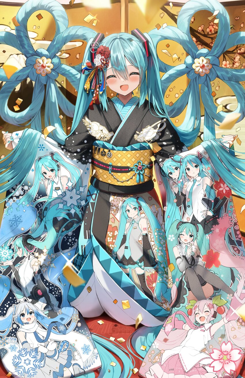 1girl :d ^_^ absurdly_long_hair absurdres black_kimono black_skirt blue_eyes blue_hair blue_nails blue_necktie blush character_profile closed_eyes collared_shirt commentary_request dango facing_viewer flower food grey_shirt hair_between_eyes hair_flower hair_ornament hair_spread_out hatsune_miku hatsune_miku_(append) hatsune_miku_(nt) hatsune_miku_(vocaloid3) hatsune_miku_(vocaloid4) highres japanese_clothes kimono long_hair long_sleeves nail_polish necktie obi open_mouth pentagon_(railgun_ky1206) piapro_studio pinching_sleeves pleated_skirt red_flower sakura_miku sanshoku_dango sash shirt skirt sleeves_past_wrists smile solo twintails very_long_hair vocaloid vocaloid_append wagashi white_flower white_shirt wide_sleeves yuki_miku yuki_miku_(2011)