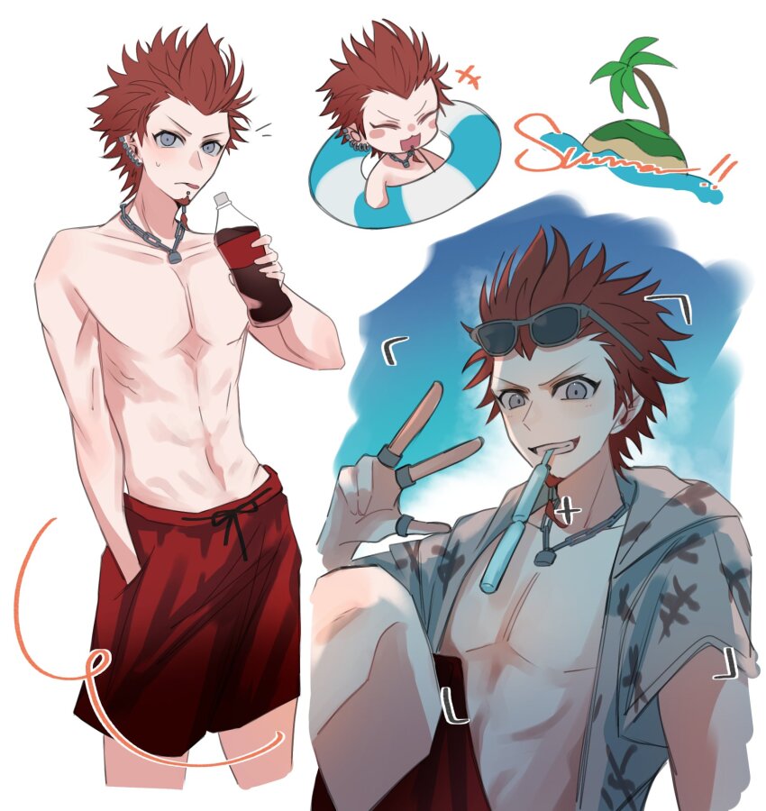 +++ 1boy abs bare_pectorals blue_eyes blush_stickers bottle chibi collarbone commentary_request cropped_legs danganronpa:_trigger_happy_havoc danganronpa_(series) drink ear_piercing earrings facial_hair goatee grin hand_in_pocket highres holding holding_bottle holding_drink innertube island jewelry knees_up kuwata_leon laughing male_focus male_swimwear multiple_earrings multiple_rings necklace ocean on_innertube open_clothes open_mouth open_shirt palm_tree patterned_clothing pectorals piercing red_hair red_male_swimwear red_swim_trunks ring shirt short_hair sitting smile soda standing swim_ring swim_trunks teeth three-finger_salute topless_male tree tuki_onigiri water white_background widow&#039;s_peak