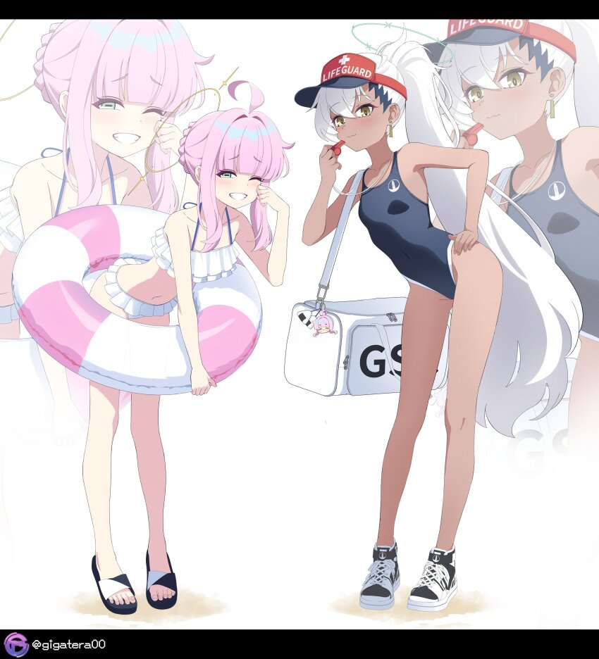 2girls :3 absurdres ahoge bag bikini blue_archive blue_one-piece_swimsuit collarbone earrings frilled_bikini frills giga-tera green_eyes grin haine_(blue_archive) hand_on_own_hip highres holding holding_whistle innertube jewelry kaya_(blue_archive) lifeguard long_hair looking_at_viewer multiple_girls one-piece_swimsuit one_eye_closed pink_hair shoulder_bag smile swim_ring swimsuit twitter_username very_long_hair visor_cap whistle white_bikini white_hair yellow_eyes