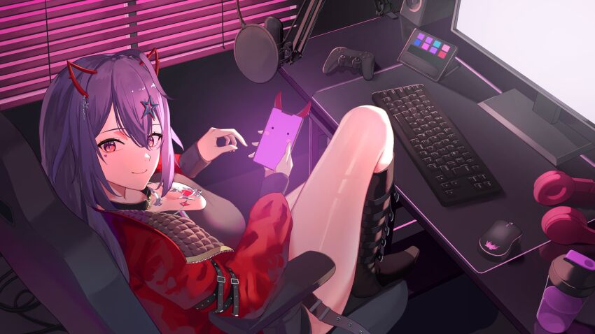 1girl absurdres akuma_nihmune akuma_nihmune_(casual) black_dress black_jacket breasts chair cleavage computer_keyboard computer_mouse controller demon_horns dress facial_mark game_controller hair_between_eyes hair_ornament headphones heart heart_facial_mark highres holding holding_phone horns indie_virtual_youtuber jacket jewelry large_breasts long_hair looking_at_viewer microphone monitor mozzu123 office_chair open_clothes open_jacket pendant phone pop_filter purple_hair red_eyes red_jacket sitting smile star_(symbol) star_hair_ornament swivel_chair two-sided_fabric two-sided_jacket unworn_headphones virtual_youtuber
