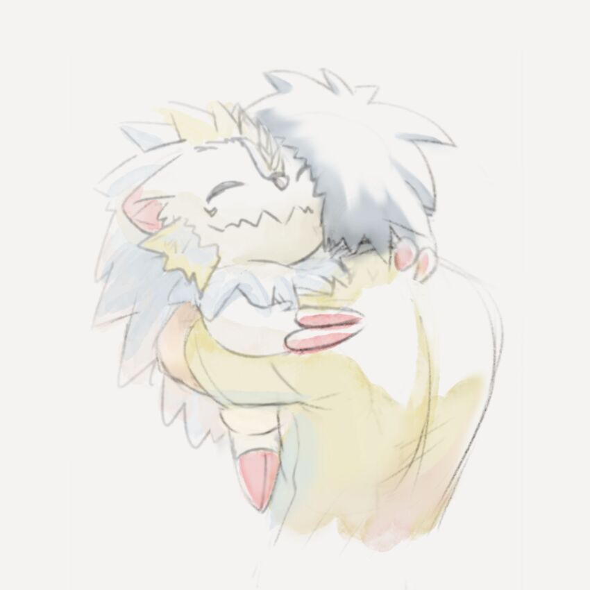 black_hair claws closed_eyes digimon digimon_(creature) happy herissmon highres hug male_protagonist_(digimon_rearise) smile
