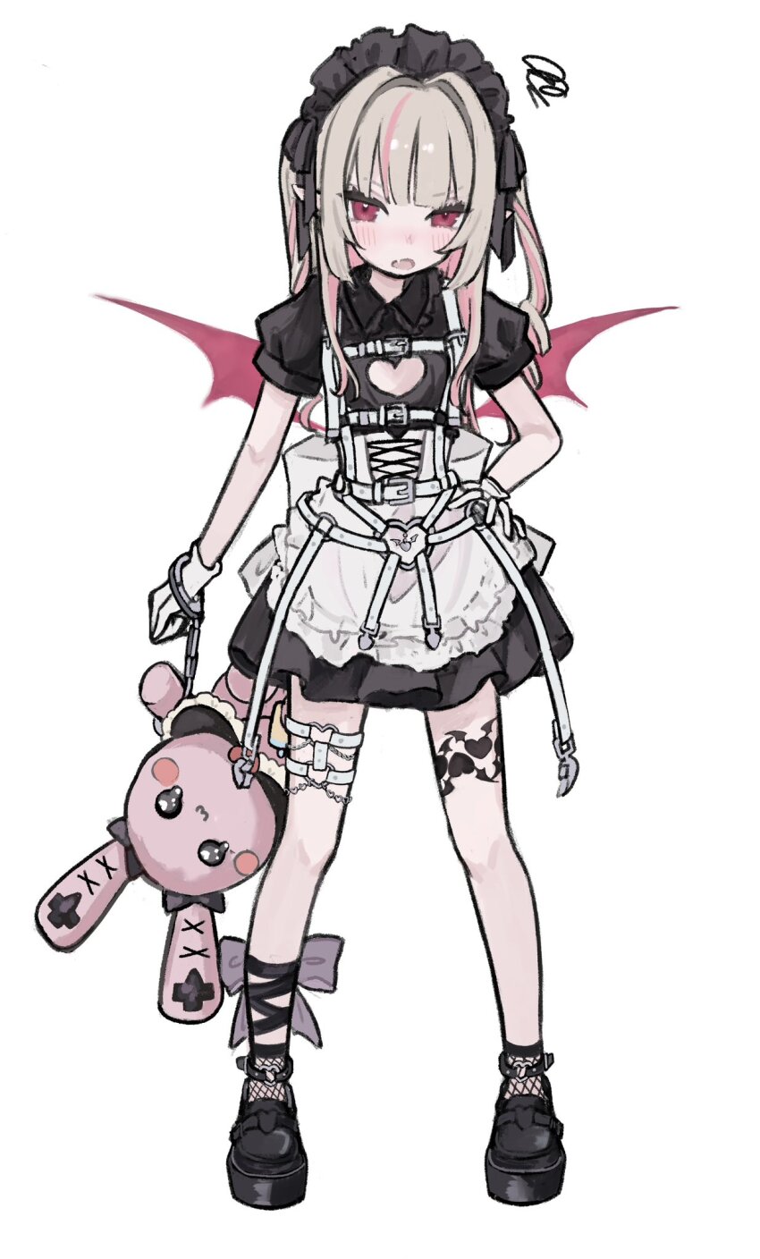 1girl anklet apron black_dress brown_hair buckle chest_harness cleavage_cutout clothing_cutout colored_inner_hair corset demon_wings dress fang fishnet_socks fishnets full_body hair_intakes harness hashtag-only_commentary heart heart-shaped_buckle heart_cutout highres holding holding_stuffed_toy jewelry leg_tattoo long_hair looking_at_viewer maid_headdress makaino_ririmu makaino_ririmu_(5th_costume) multicolored_hair nijisanji official_alternate_costume pink_eyes pink_hair platform_shoes potepote_lp puffy_short_sleeves puffy_sleeves short_sleeves simple_background socks solo squiggle standing stuffed_animal stuffed_rabbit stuffed_toy tattoo thigh_strap two-tone_hair two_side_up virtual_youtuber waist_apron white_background white_corset winged_heart_tattoo wings